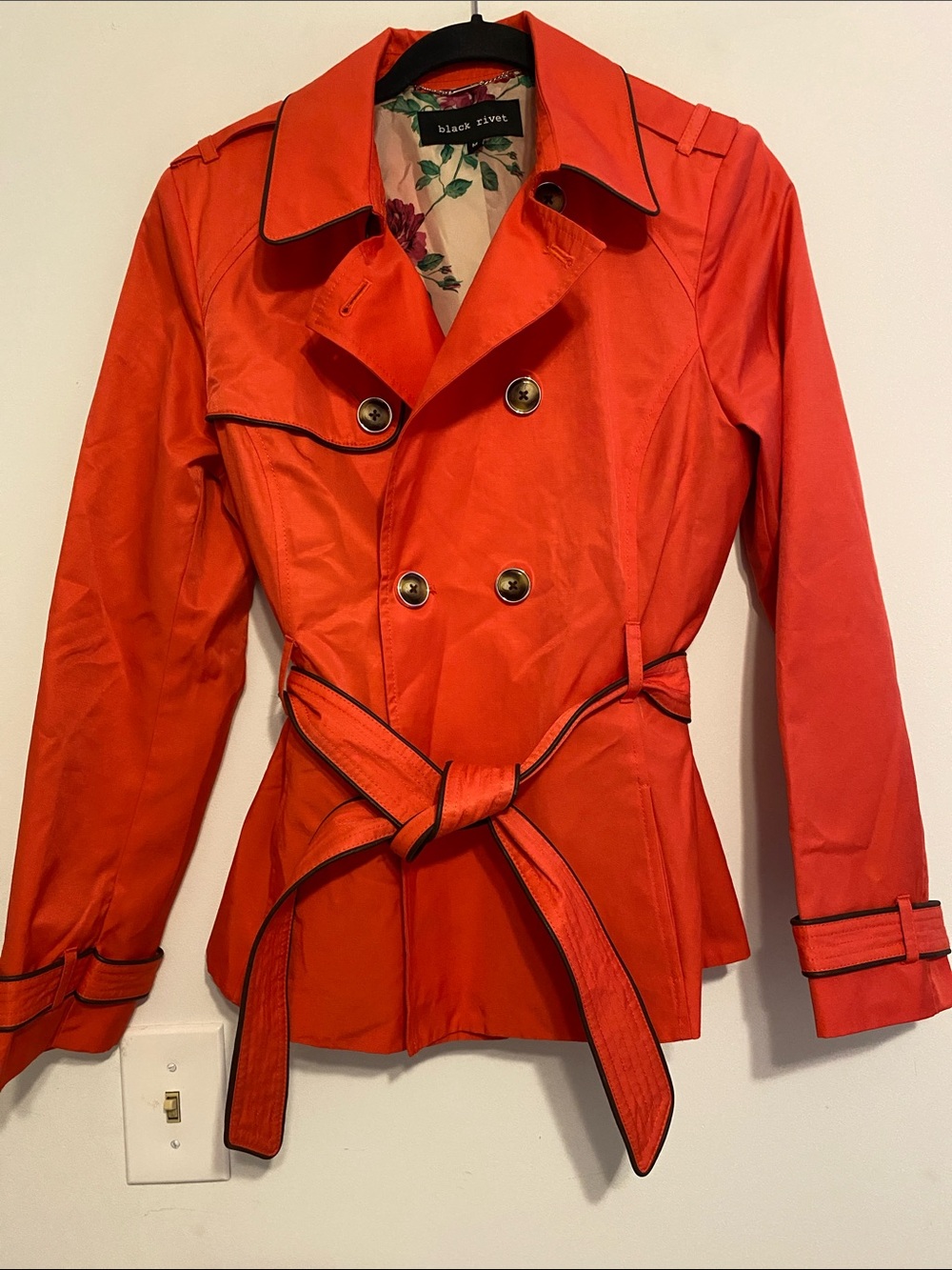 Black Rivet Dark Coral Double-Breasted Trench Jacket with Belt, very flattering